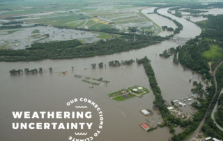 The publication photo for the Humanities Nebraska event "Weathering Uncertainty: Conversations about Climate in Nebraska" featuring a close-up of the Missouri River's flooding from 2019.