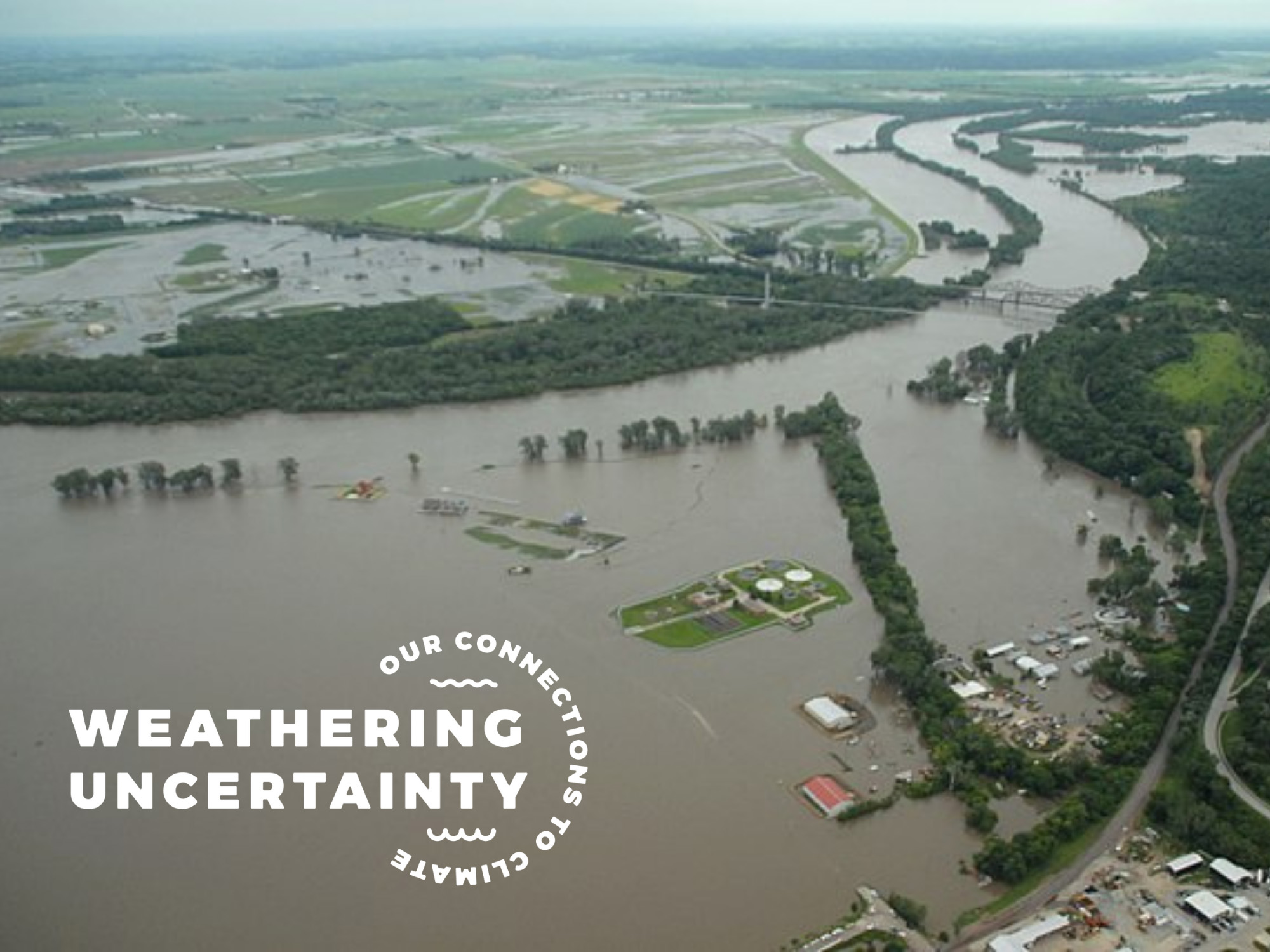 The publication photo for the Humanities Nebraska event "Weathering Uncertainty: Conversations about Climate in Nebraska" featuring a close-up of the Missouri River's flooding from 2019.