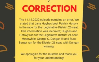 Graphic of a sticky note featuring a correction for the episode.