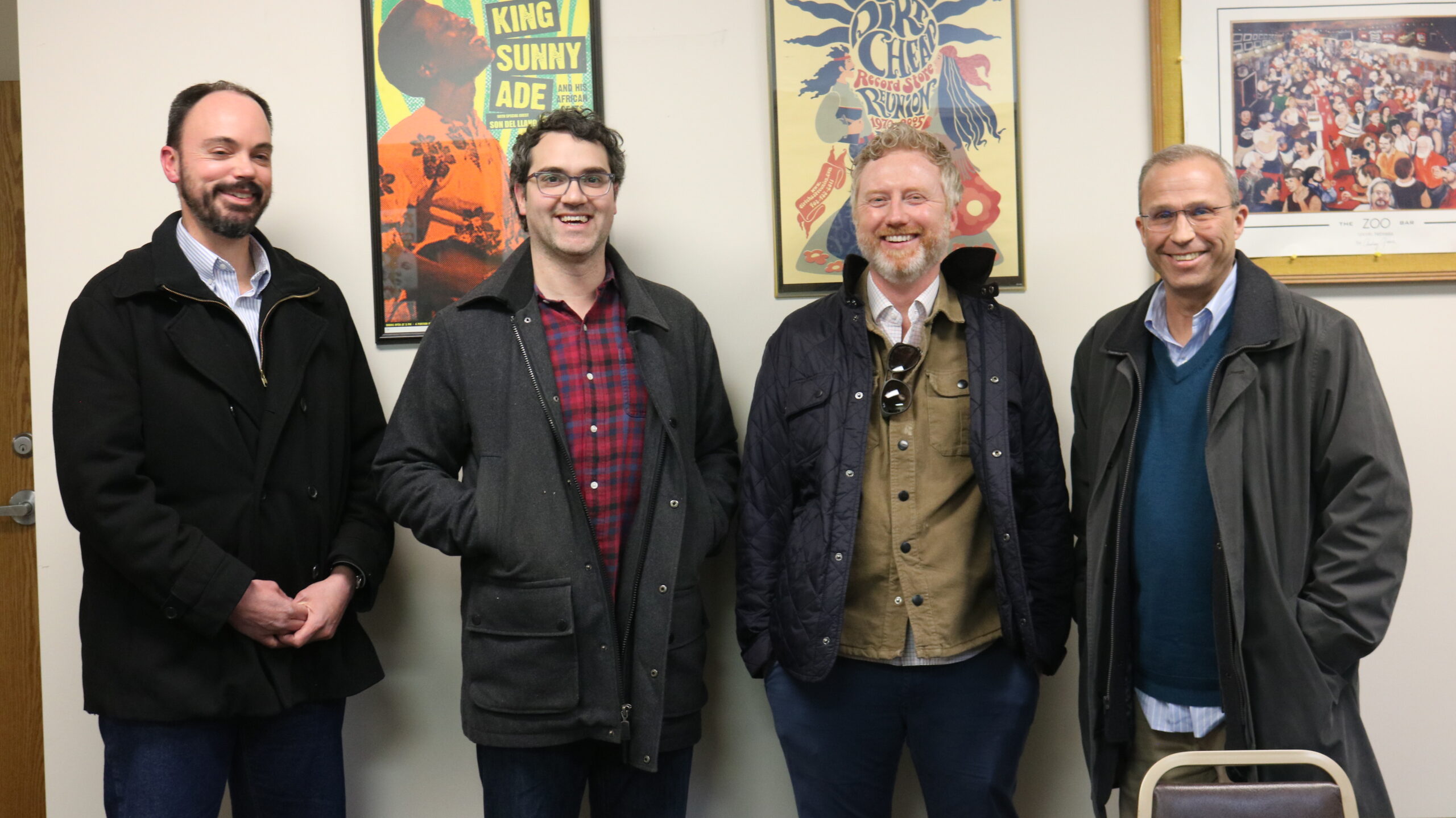 Standing left to right: Josh Whitney, Matt Wynn, Matthew Hansen, and Dave Bundy join KZUM for the first episode of the Media Literacy Series. Photo by Amantha Dickman.