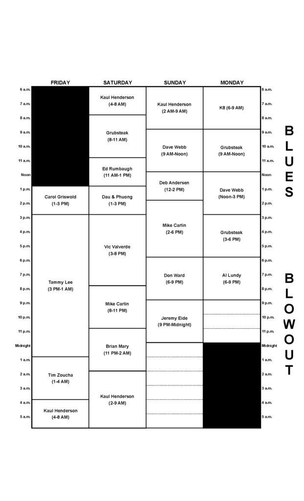 KZUM Blues Blowout Schedule, 2023. Carol Griswold, Friday, 1 to 3 PM. Tammy Lee, Friday, 3 PM to 1 AM. Tim Zoucha, Saturday, 1 to 4 AM. Kaul Henderson, Saturday, 4 to 8 AM. Grubsteak, Saturday, 8 to 11 AM. Ed Rumbaugh, Saturday, 11 AM to 1 PM. Dau & Phuong, Saturday, 1 to 3 PM. Vic Valverde, Saturday, 3 to 8 PM. Mike Carlin, Saturday, 8 to 11 PM. Brian Mary, Saturday, 11 PM to 2 AM. Kaul Henderson, Sunday, 2 to 9 AM. Dave Webb, Sunday, 9 AM to Noon. Deb Andersen, Sunday, Noon to 2 PM. Mike Carlin, Sunday, 2 to 6 PM. Don Ward, Sunday, 6 to 9 PM. Jeremy Eide, Sunday, 9 PM to Midnight. K8, Monday, 6 to 9 AM. Grubsteak, Monday, 9 to Noon. Dave Webb, Monday, Noon to 3 PM. Grubsteak, Monday, 3 to 6 PM. Al Lundy, Monday, 6 to 9 PM.