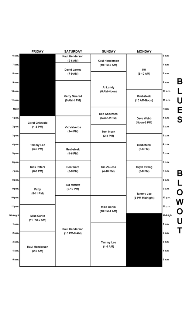 Blues Blowout Schedule. Friday August 30, at 1 p.m. until September 2, at 11:59 p.m.